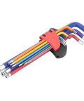 Super Long Flat End Hex Wrench Set for Deep Reach Automotive, EV Battery, And Appliance Repair Made From Durable CRV Steel With Color Coded Coating To Grapple Tough Jobs., color coded CRV steel hex wrench set with holder, angled ends