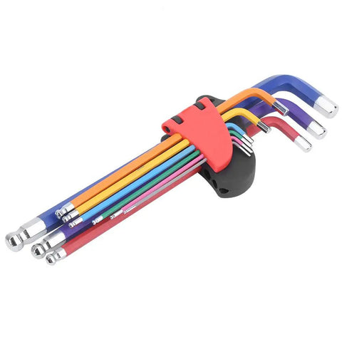 Super Long Flat End Hex Wrench Set for Deep Reach Automotive, EV Battery, And Appliance Repair Made From Durable CRV Steel With Color Coded Coating To Grapple Tough Jobs., color coded CRV steel hex wrench set with holder, angled ends