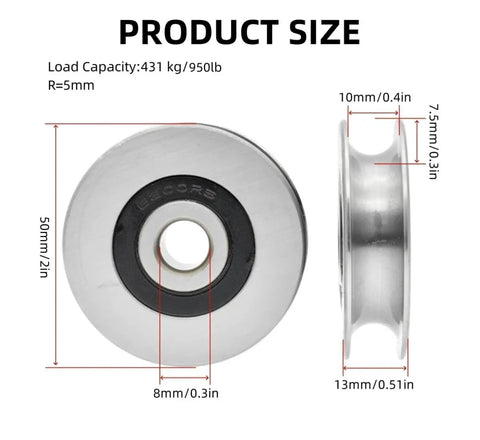 Beefy 2Pcs Stainless Steel Deep U Groove Pulley 8mm Inner Dia Wheel Bearings Wire Rope Pulley Bearing Steel Cable Pulley Load Bearing 431Kg For Industry Equipment size chart, 50mm wheel, 8mm bore