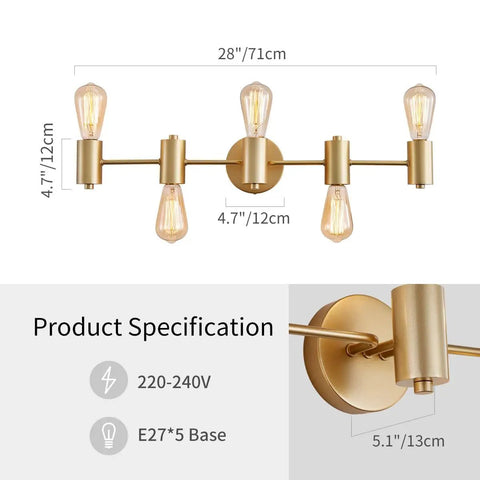 Five Light Vanity Fixture In Dope Gold Finish Over Mirror Modern Wall Sconces For Bedroom And Living Room E26 Base 28 Inch Long 4.7 Inch High 5.1 Inch Extension Bulbs Not Included