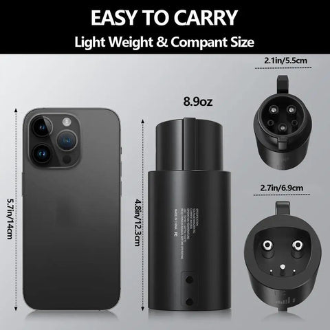 Top Tier Nacs To J1772 Ev Charging Adapter With 80 Amp Max And 250 Volt Rating Built For Tsl Chargers And Mobile Connectors next to a smartphone.