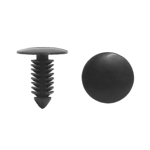 Close-up of 200 Pcs Black Plastic Push Clip Fasteners Set For 7mm Hole Size Universal Automotive Body Clips Fits Radiator Fender Bumper Panels Nylon