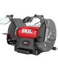 Heavy Duty Eight Inch Bench Grinder Equipped With A Kickass Three Point Zero Amp Motor And Bright LED Work Light Paired With Nifty Water Cooling Tray for effortless metal sharpening tasks, showcasing the machine's front view.