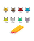 Awesome Auto Mini Blade Fuse Assortment Kit With Puller showing colorful 5A to 35A low profile fuses and puller for vehicle use.