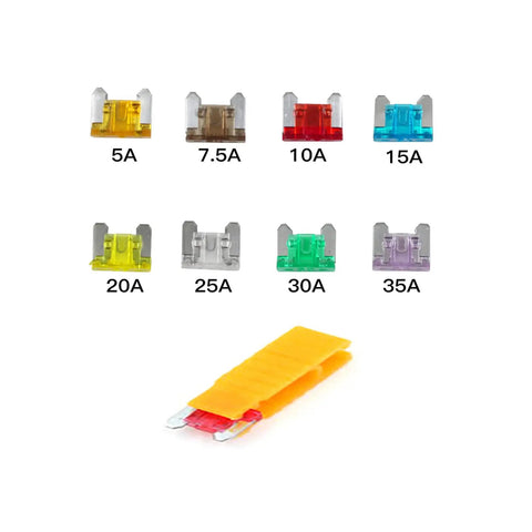 Awesome Auto Mini Blade Fuse Assortment Kit With Puller showing colorful 5A to 35A low profile fuses and puller for vehicle use.