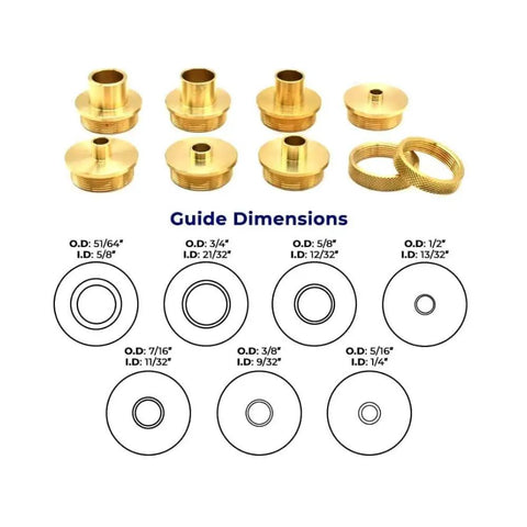 Pro Grade Router Template Guide Set featuring precise metal bushings with various sizes and dimensions for accurate routing.