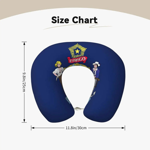 Size chart of Maine State Flag Print U Shaped Travel Pillow with Memory Foam Cervical Support for naps on planes and cars.