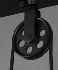 Drop Dead Modern Industrial Chandelier 3 Light Retractable Pulley Pendant showing black pulley detail with adjustable chain system.