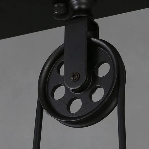 Drop Dead Modern Industrial Chandelier 3 Light Retractable Pulley Pendant showing black pulley detail with adjustable chain system.