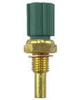 Close-up of engine coolant temperature sensor with green plastic connector and brass threaded probe