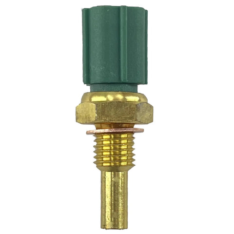 Close-up of engine coolant temperature sensor with green plastic connector and brass threaded probe