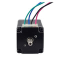 Front view of NEMA 11 bipolar stepper motor with dual shafts; black housing, silver shaft, four-wire connector.