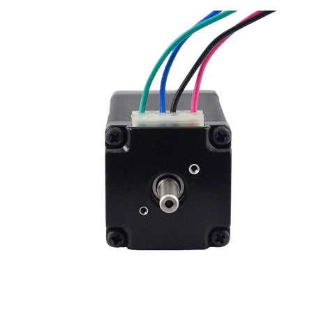 Front view of NEMA 11 bipolar stepper motor with dual shafts; black housing, silver shaft, four-wire connector.