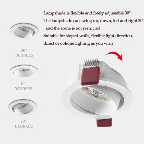14 Pack White Led Retrofit Can Lights With No Fuss Anti Glare Baffle Trims adjusting flexible lampshade showcasing 30-degree angle.