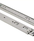 Close-up of 16-inch ball bearing drawer slides, zinc-plated metal, 100 lb capacity. Ideal for garage and kitchen cabinetry.