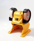 Cordless Bench Sander And Mini Grinder Compact Polisher Compatible With 20V Max Batteries For Knife Making Wood And Metal Processing showing front view with white and brown grinding wheels.