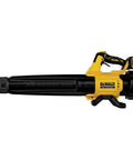 Alt Tag: Side view of yellow and black cordless leaf blower with 450 CFM airflow and 125 MPH power, showing brushless motor and 20V Max XR compatibility.