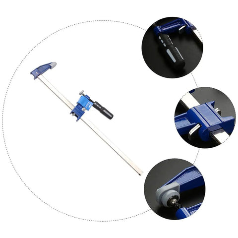 Heavy-Duty 6-Inch F Clamp For Woodworking Blue Clip, Fast Bar Carpenter Clamp shown in various angles and details