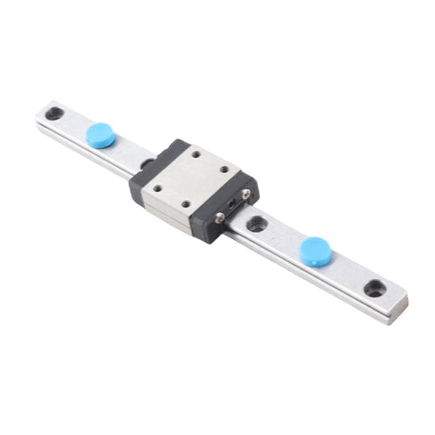 100mm linear rail guide with sliding block; miniature precision rail, silver rail, black carriage, two blue caps