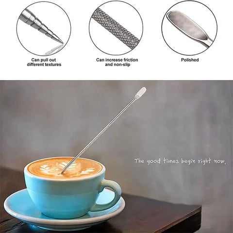 Blue coffee cup with cappuccino and Pro Grade 20 Oz Stainless Steel Milk Frothing Pitcher For Latte Art At Home tool on table, detailed insert