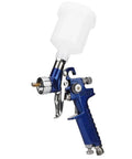 High Performance Pneumatic HVLP Gravity Feed Oil Paint Sprayer Hella Fine Atomization with adjustable nozzle and top cup for precise application.