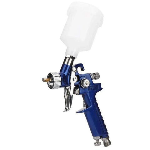 High Performance Pneumatic HVLP Gravity Feed Oil Paint Sprayer Hella Fine Atomization with adjustable nozzle and top cup for precise application.