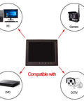Diagram showing 8 Inch CCTV Monitor With HD IPS Display 1024x768 Security Screen compatible with PC, camera, DVD, and CCTV.
