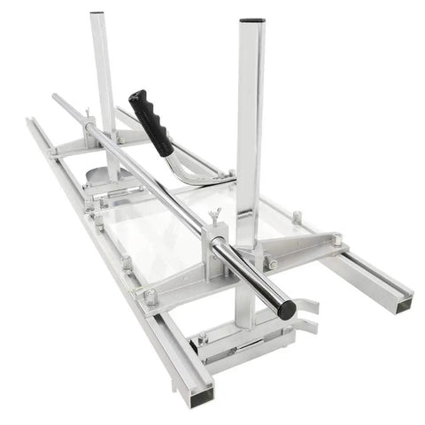 Portable Chainsaw Mill 36 Inch Rail Guide System For Quick Setup Fits 14 To 36 Inch Chainsaw Bars Adjustable Thickness From 1/2 Inch To 12 Inch Pro Grade DIY Friendly Durable Steel And Aluminum Build For Rugged Wood Milling showing metal rails and handles