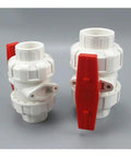 White PVC Ball Valve Union Fitting Set 3 Pcs 50 MM Precision Design For Water Pipe Plumbing Hose Connections Quick Snap Lock And Rock Solid Performance Built Tough, showing two valves with red handles.