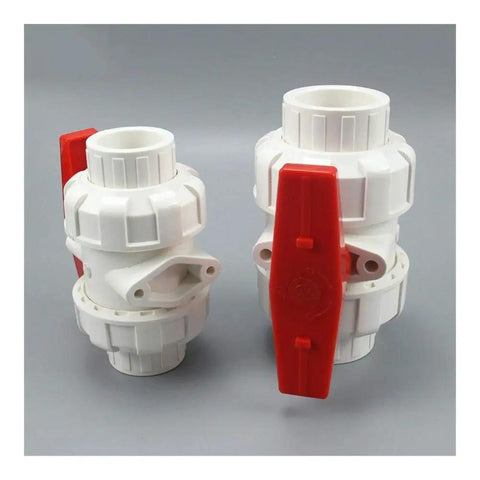 White PVC Ball Valve Union Fitting Set 3 Pcs 50 MM Precision Design For Water Pipe Plumbing Hose Connections Quick Snap Lock And Rock Solid Performance Built Tough, showing two valves with red handles.