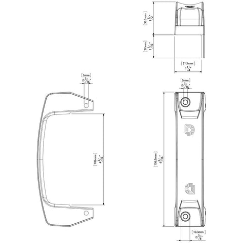 Technical drawings of Reversible Gate Handle That Works For Right Or Left Handed Use With Side Fixing Legs For Rock Solid Install