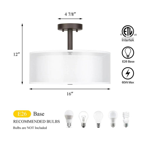 Three Light Drum Semi Flush Ceiling Light With Fabric Shade In Dark Bronze Close To Ceiling 16 Inch dimensions and bulb info