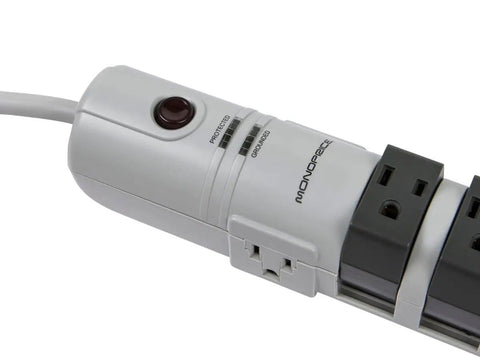 Eight Outlet Rotating Surge Protector Power Strip With 2160 Joules UL Rated Grounded And Protected Light Indicator close-up