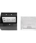 Heavy Duty Recessed Floor Outlet Kit With Bulletproof Stainless Steel Safety Cover and Tamper Resistant Doors, 2 AC Sockets, installed view.