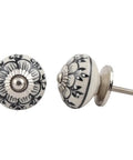 Snag This 100 Pack Of Crisp White Ceramic Zinnia Flower Drawer Knobs For Kitchen Cabinets And Dressers Featuring A Luxurious Feel Super Easy Install Rust Free Design Totally Kid Friendly And Built To Last Real Nice Quality Hardware Upgrades; Black and white floral design ceramic drawer knobs, 1.5 inch diameter.