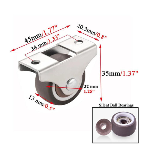 Mini Fixed Caster Wheels 1.25 Inch Set Of 4 With Silent Bearing and Metal Top Low Profile TPE Rubber Casters dimensions