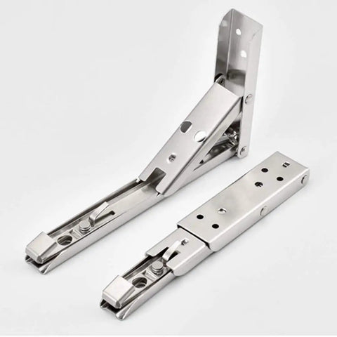 2 Piece Heavy Duty Folding Shelf Brackets Wall Mount Wood Support with quick snap lock hinge in stainless steel finish.