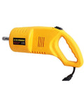 Rugged Workhorse Electric Trailer Jack Featuring 2 Ton Lifting Capability Wireless Remote Control Universal Power Cord And Wrench Kit For No Sweat Roadside Emergency Fixes, yellow electric trailer jack with ergonomic handle.