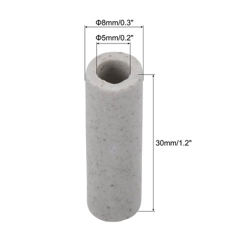 Ceramic insulated tube for wiring; white speckled ceramic, 8mm outer diameter, 5mm bore, 30mm long.