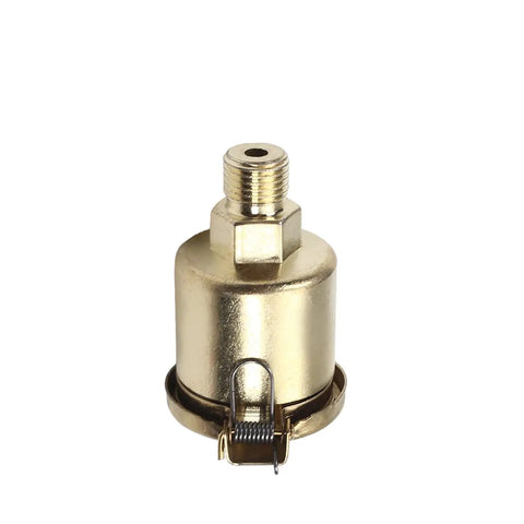 Side view of a gold tone copper-plated oil cup cap, M10x1 size, for lathe oil dispensers, part of a 2 Pack M10x1 6ml Oil Cup Cap For Lathe Machine Oil Dispenser Copper Plated On Iron Gold Tone Replacement Oiler Cap Set Compatible With Most Engine Lathes CNC Machines Precision Workshop Upgrade