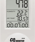Desktop Indoor CO2 And Air Quality Monitor For Home Or Office With NDIR Sensor showing CO2 level, humidity, and temperature.