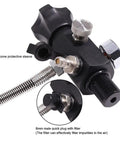M18x1.5 DIN Valve Scuba Adapter with Gauge and 22 Inch Hose for Air Tank Setups PCP Rifles Paintball and HPA Tanks, close-up view.