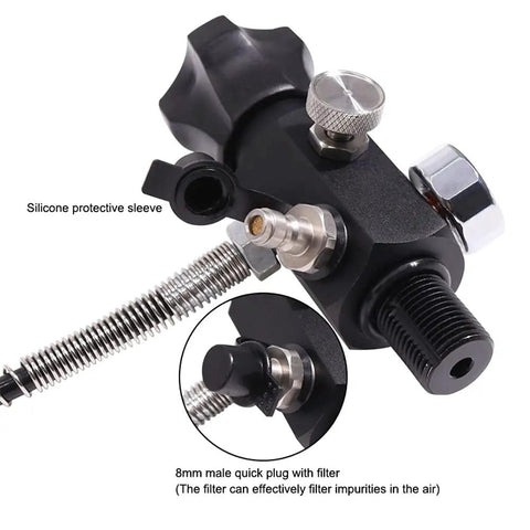 M18x1.5 DIN Valve Scuba Adapter with Gauge and 22 Inch Hose for Air Tank Setups PCP Rifles Paintball and HPA Tanks, close-up view.