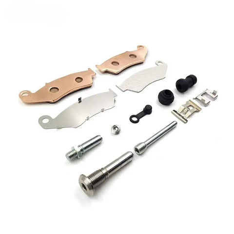 Premium Motorcycle Front And Rear Brake Caliper Repair Kit With Pins, Springs And Pads For Off Road Dirt Bikes, Delivers Strong Braking, Easy Fit, Durable Construction, Ideal Upgrade For Caliper Maintenance And Braking Stability. brake pads, pins and springs laid out on white