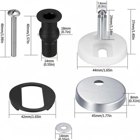 Set of components from Toilet Seat Hinge Bolts Kit With Quick Release Top Hinge Fixings showing sizes and materials