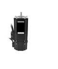 Front view of black servo motor with top metal shaft and side cables.