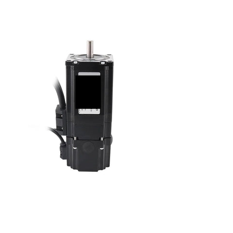 Front view of black servo motor with top metal shaft and side cables.