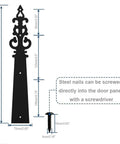 Detailed measurements of Vintage Door Handles And Hinge Set for Carriage House and Barn Doors, includes screw dimensions.