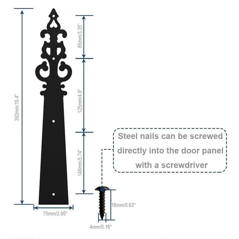 Detailed measurements of Vintage Door Handles And Hinge Set for Carriage House and Barn Doors, includes screw dimensions.