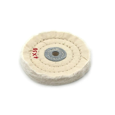 4 Inch 50 Layer Cotton Buffing Wheel With 10mm Arbor For High Speed Polishing And Bench Grinder Buffer Tools To Give Your Car Or Metal Project A Super Shiny Finish Fast, close-up view.